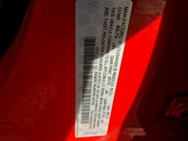 3VW2K7AJ0CM314796 - 2012 VOLKSWAGEN JETTA BASE 红色 照片 10