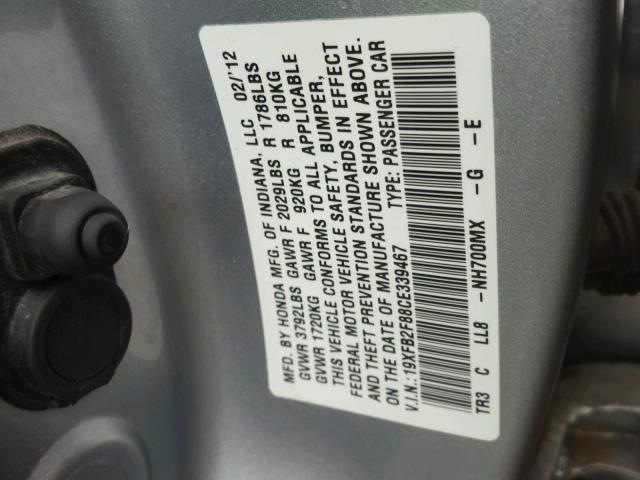 19XFB2F88CE339467 - 2012 HONDA CIVIC EX SILVER photo 10