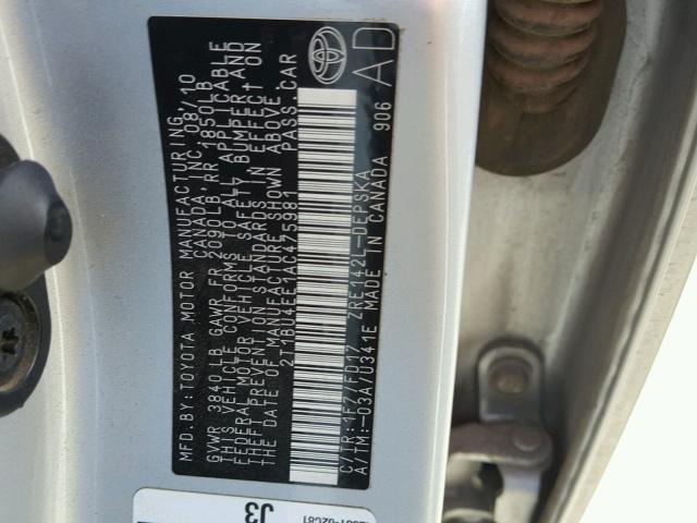 2T1BU4EE1AC475981 - 2010 TOYOTA COROLLA BA SILVER photo 10