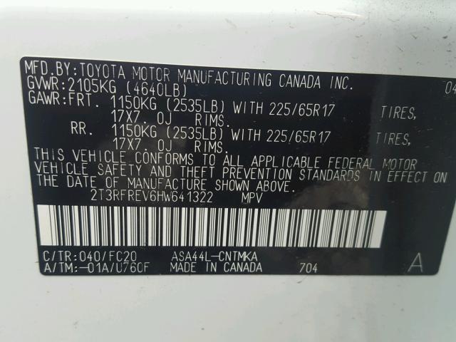 2T3RFREV6HW641322 - 2017 TOYOTA RAV4 XLE WHITE photo 10