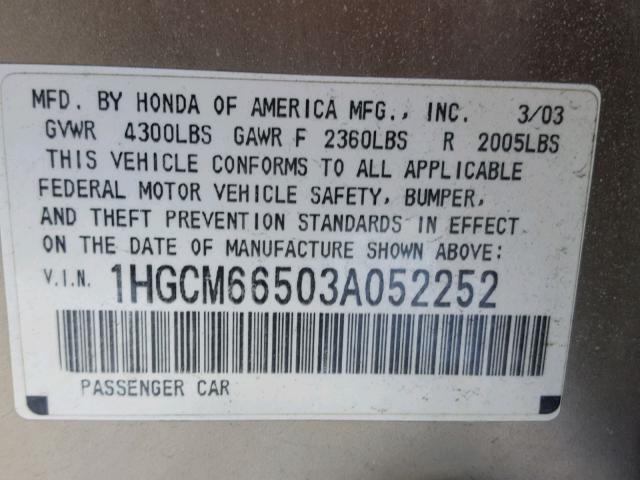 1HGCM66503A052252 - 2003 HONDA ACCORD EX GOLD photo 10