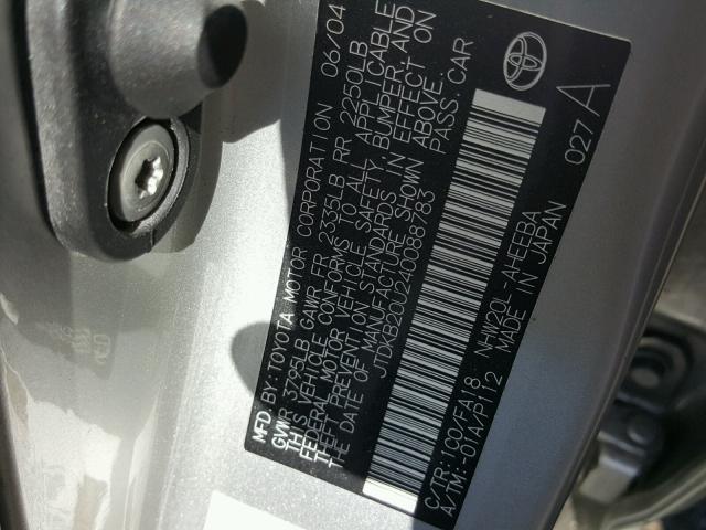 JTDKB20U240088783 - 2004 TOYOTA PRIUS SILVER photo 10