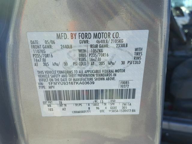 1FMYU93167KA03639 - 2007 FORD ESCAPE XLT GRAY photo 10