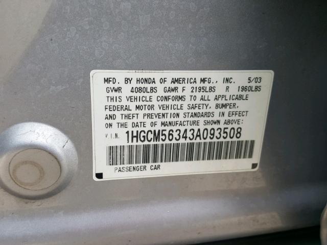 1HGCM56343A093508 - 2003 HONDA ACCORD LX GRAY photo 10