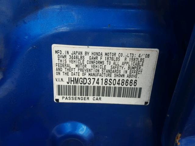 JHMGD37418S048666 - 2008 HONDA FIT BLUE photo 10