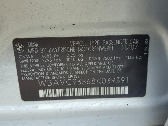 WBAVC93568K039391 - 2008 BMW 328 XI SILVER photo 10