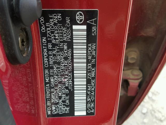 JTDBR32E160094486 - 2006 TOYOTA COROLLA CE RED photo 10