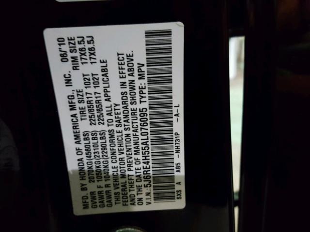 5J6RE4H55AL076095 - 2010 HONDA CR-V EX BLACK photo 10