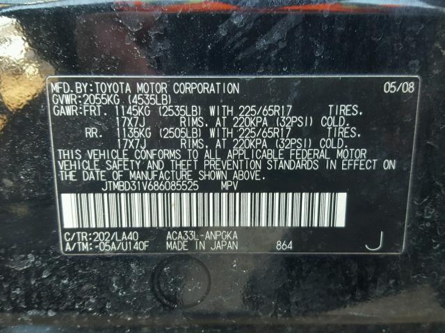 JTMBD31V686085525 - 2008 TOYOTA RAV4 LIMIT BLACK photo 10