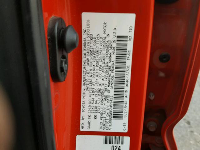 5TEJU62N68Z499421 - 2008 TOYOTA TACOMA DOU RED photo 10