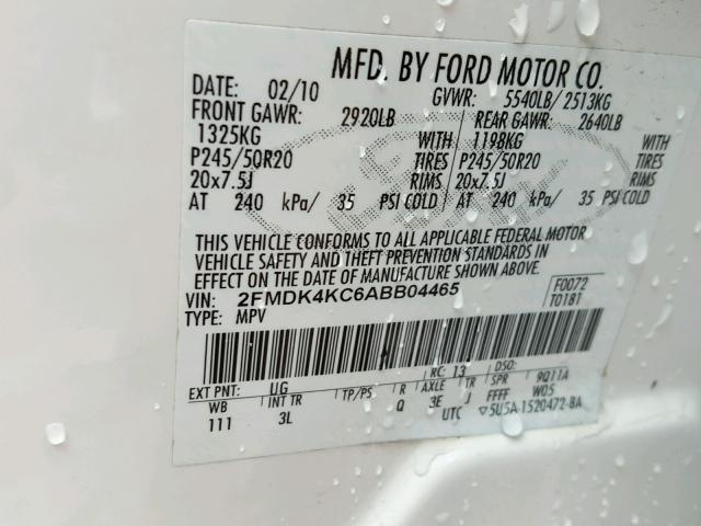 2FMDK4KC6ABB04465 - 2010 FORD EDGE LIMIT WHITE photo 10