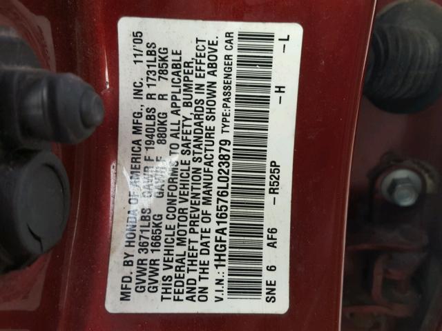 1HGFA16576L023879 - 2006 HONDA CIVIC LX RED photo 10