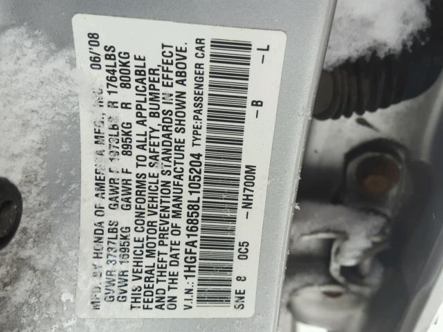 1HGFA16858L105204 - 2008 HONDA CIVIC EX SILVER photo 10