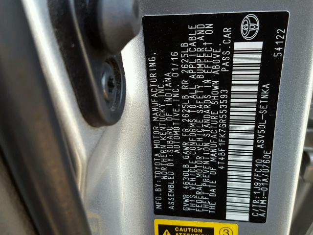 4T4BF1FK7GR553593 - 2016 TOYOTA CAMRY LE SILVER photo 10