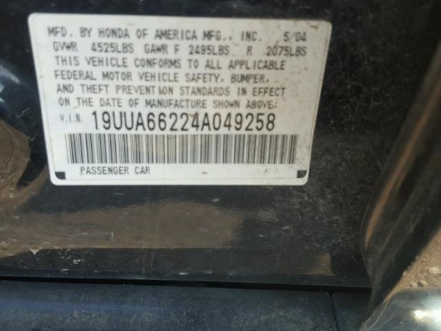 19UUA66224A049258 - 2004 ACURA TL BLACK photo 10