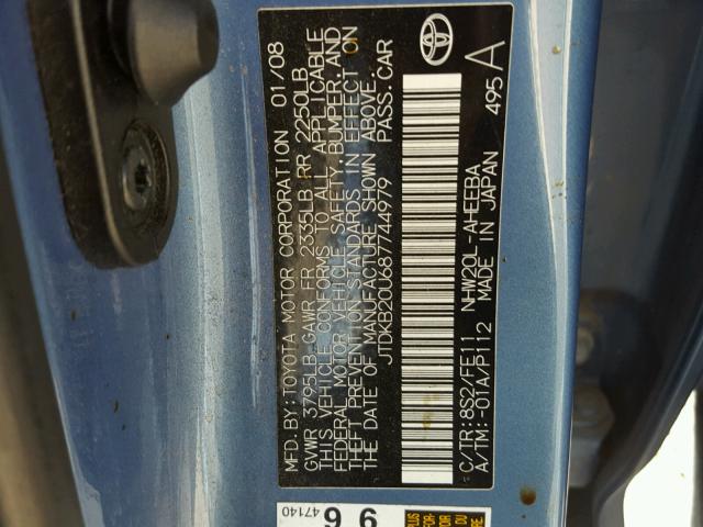 JTDKB20U687744979 - 2008 TOYOTA PRIUS BLUE photo 10