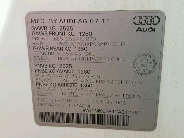 WA1MKCFP4CA012761 - 2012 AUDI Q5 PREMIUM WHITE photo 10