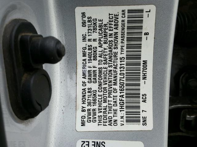 1HGFA16507L013115 - 2007 HONDA CIVIC LX SILVER photo 10