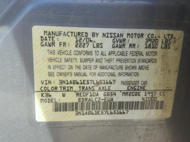 3N1AB61E57L651667 - 2007 NISSAN SENTRA 2.0 GRAY photo 10