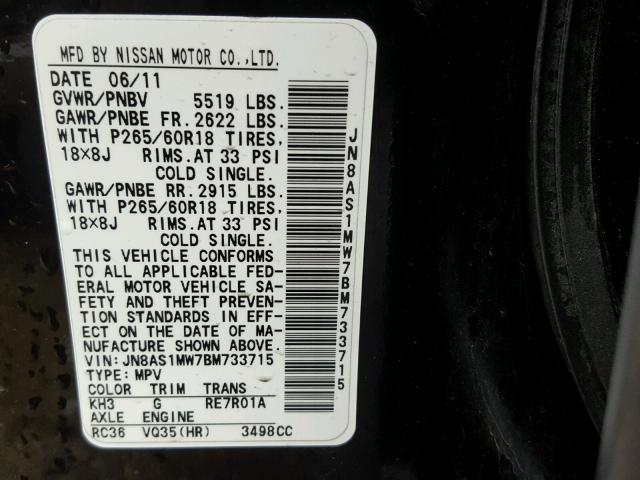 JN8AS1MW7BM733715 - 2011 INFINITI FX35 BLACK photo 10