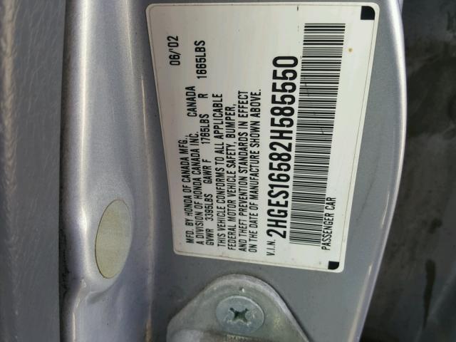 2HGES16582H585550 - 2002 HONDA CIVIC LX SILVER photo 10