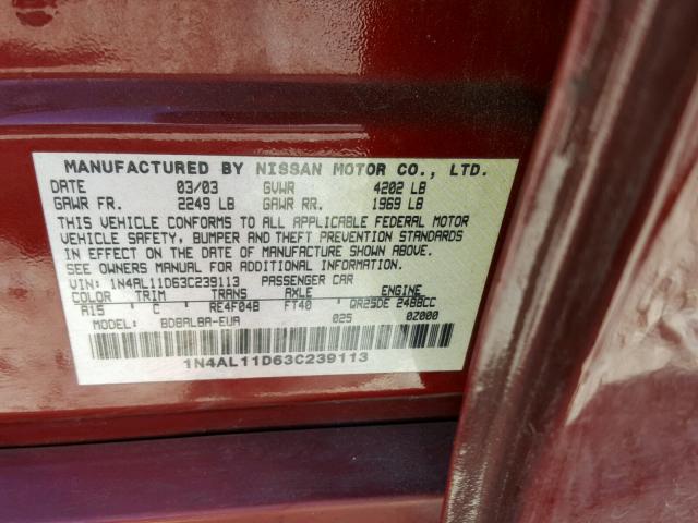 1N4AL11D63C239113 - 2003 NISSAN ALTIMA BAS RED photo 10