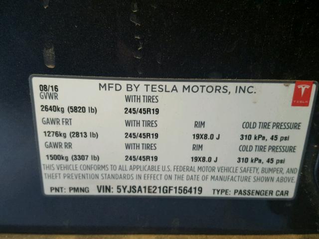 5YJSA1E21GF156419 - 2016 TESLA MODEL S GRAY photo 10
