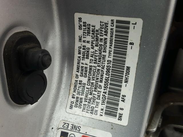 1HGFA16556L096510 - 2006 HONDA CIVIC LX SILVER photo 10