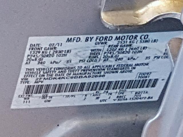 2FMDK4KC9BBA92698 - 2011 FORD EDGE LIMIT SILVER photo 10