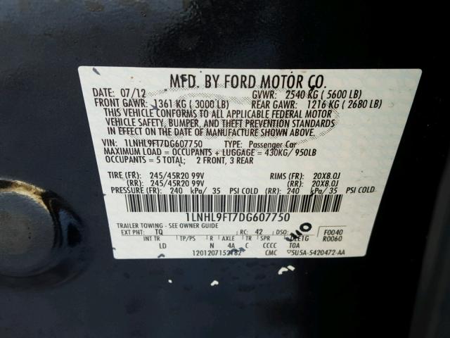 1LNHL9FT7DG607750 - 2013 LINCOLN MKS GRAY photo 10