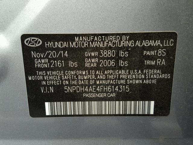 5NPDH4AE4FH614315 - 2015 HYUNDAI ELANTRA SE GRAY photo 10