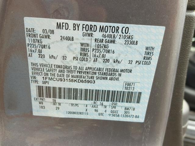 1FMCU93158KD85903 - 2008 FORD ESCAPE XLT GRAY photo 10