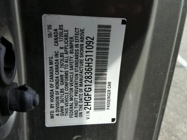 2HGFG12836H511092 - 2006 HONDA CIVIC EX SILVER photo 10