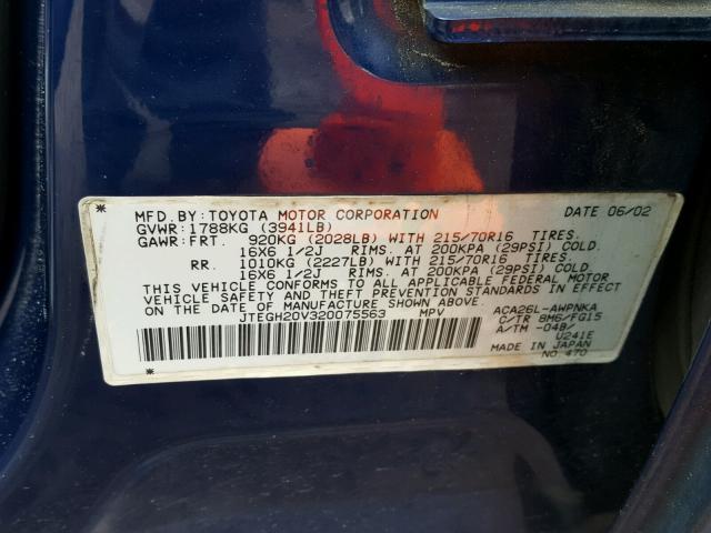 JTEGH20V320075563 - 2002 TOYOTA RAV4 BLUE photo 10