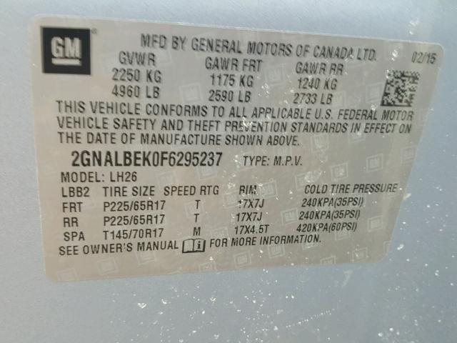 2GNALBEK0F6295237 - 2015 CHEVROLET EQUINOX LT BLUE photo 10