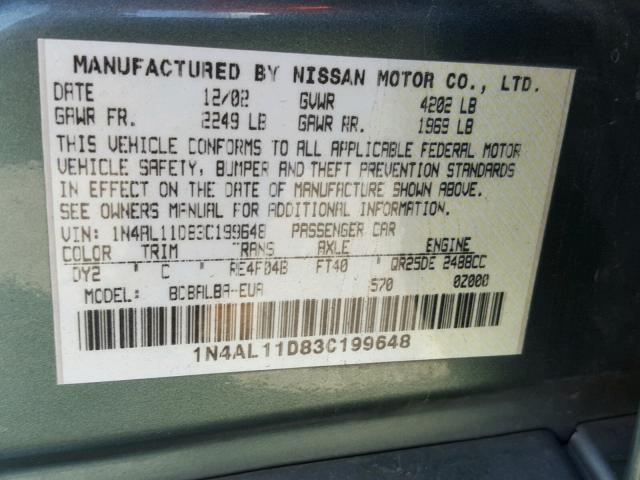 1N4AL11D83C199648 - 2003 NISSAN ALTIMA BAS GREEN photo 10