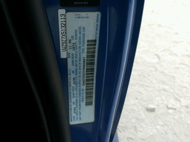 3VWCF21C1YM450827 - 2000 VOLKSWAGEN NEW BEETLE 蓝色 照片 10