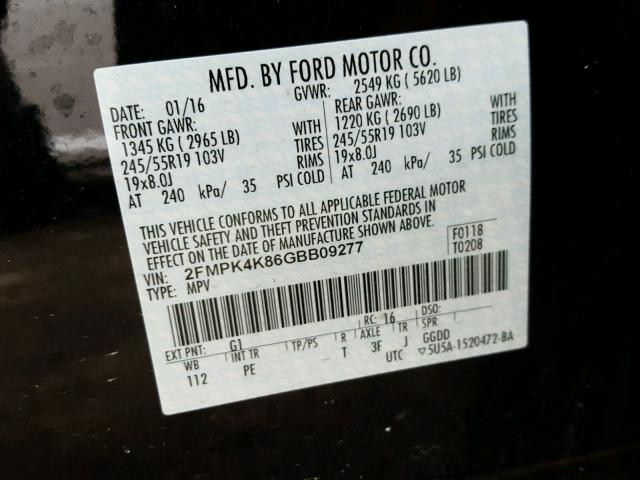 2FMPK4K86GBB09277 - 2016 FORD EDGE TITAN BLACK photo 10