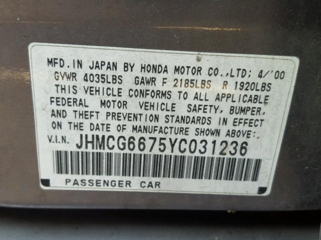 JHMCG6675YC031236 - 2000 HONDA ACCORD EX GRAY photo 10