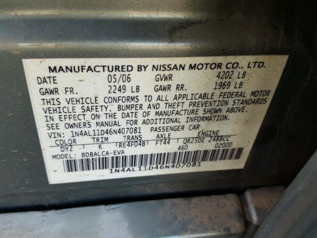 1N4AL11D46N407081 - 2006 NISSAN ALTIMA S GREEN photo 10