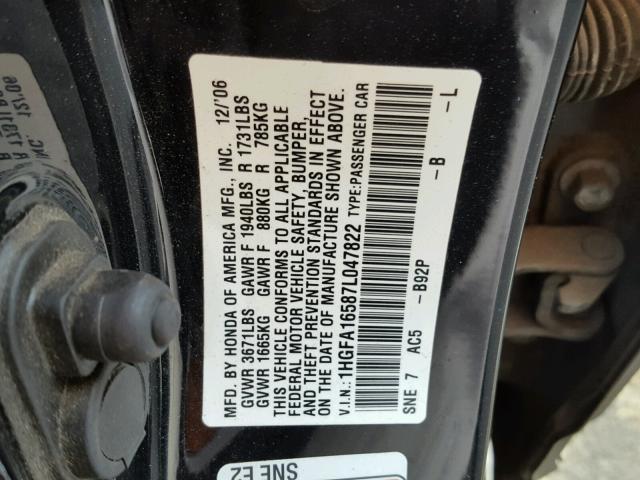 1HGFA16587L047822 - 2007 HONDA CIVIC LX BLACK photo 10