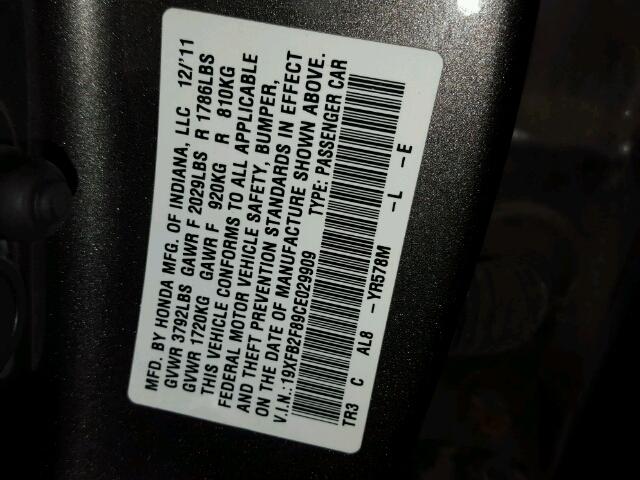 19XFB2F89CE029909 - 2012 HONDA CIVIC EX ნაცრისფერი ფოტო 10