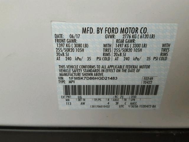 1FM5K7D86HGD21483 - 2017 FORD EXPLORER X WHITE photo 10