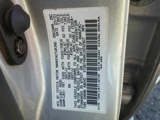 5TDBT48A61S032907 - 2001 TOYOTA SEQUOIA LI SILVER photo 10