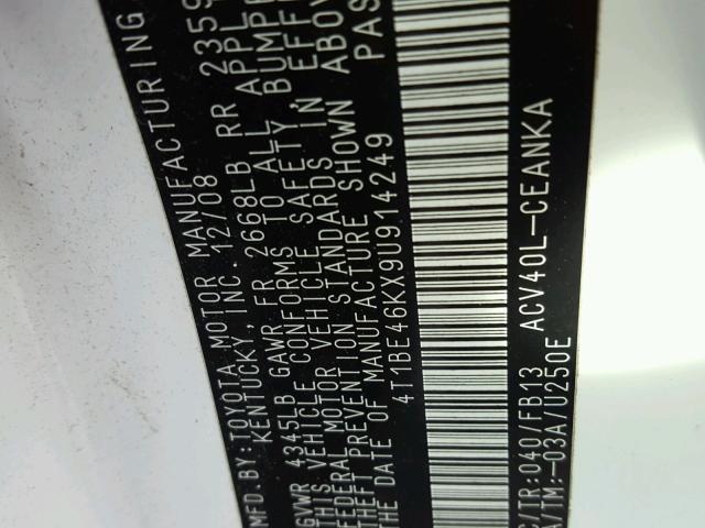 4T1BE46KX9U914249 - 2009 TOYOTA CAMRY BASE WHITE photo 10