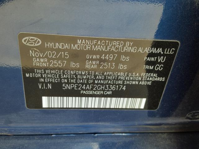 5NPE24AF2GH336174 - 2016 HYUNDAI SONATA SE BLUE photo 10