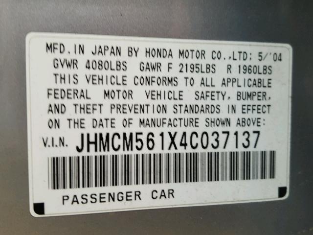 JHMCM561X4C037137 - 2004 HONDA ACCORD DX SILVER photo 10