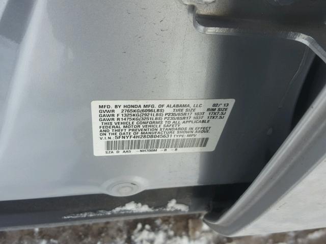 5FNYF4H28DB045631 - 2013 HONDA PILOT LX SILVER photo 10