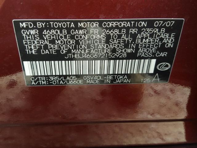 JTHBJ46G672152928 - 2007 LEXUS ES 350 MAROON photo 10