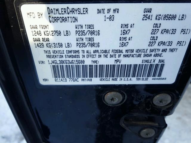 1J4GL38K63W615600 - 2003 JEEP LIBERTY RE BLACK photo 10